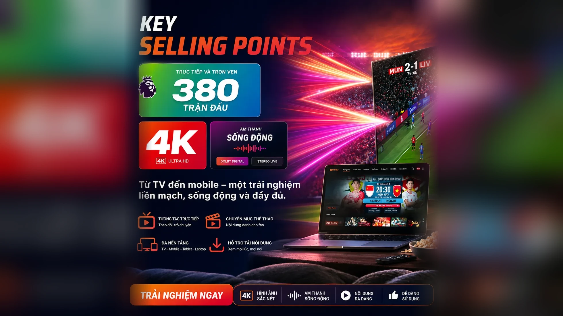 FPT Play Key Selling Points: 380 trận đấu trọn vẹn, 4K Ultra HD, âm thanh sống động