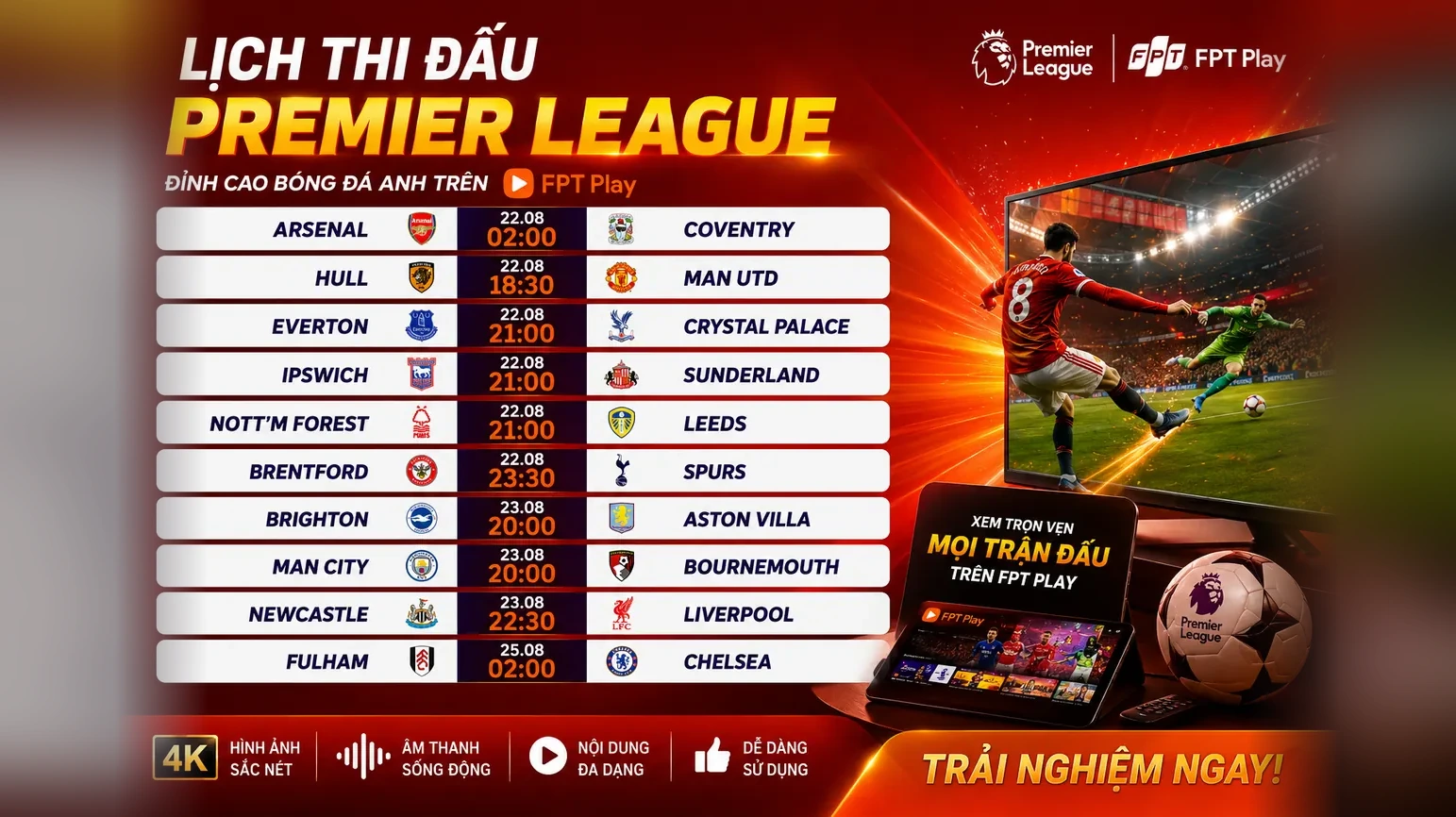 Lịch thi đấu Ngoại Hạng Anh trực tiếp trên FPT Play